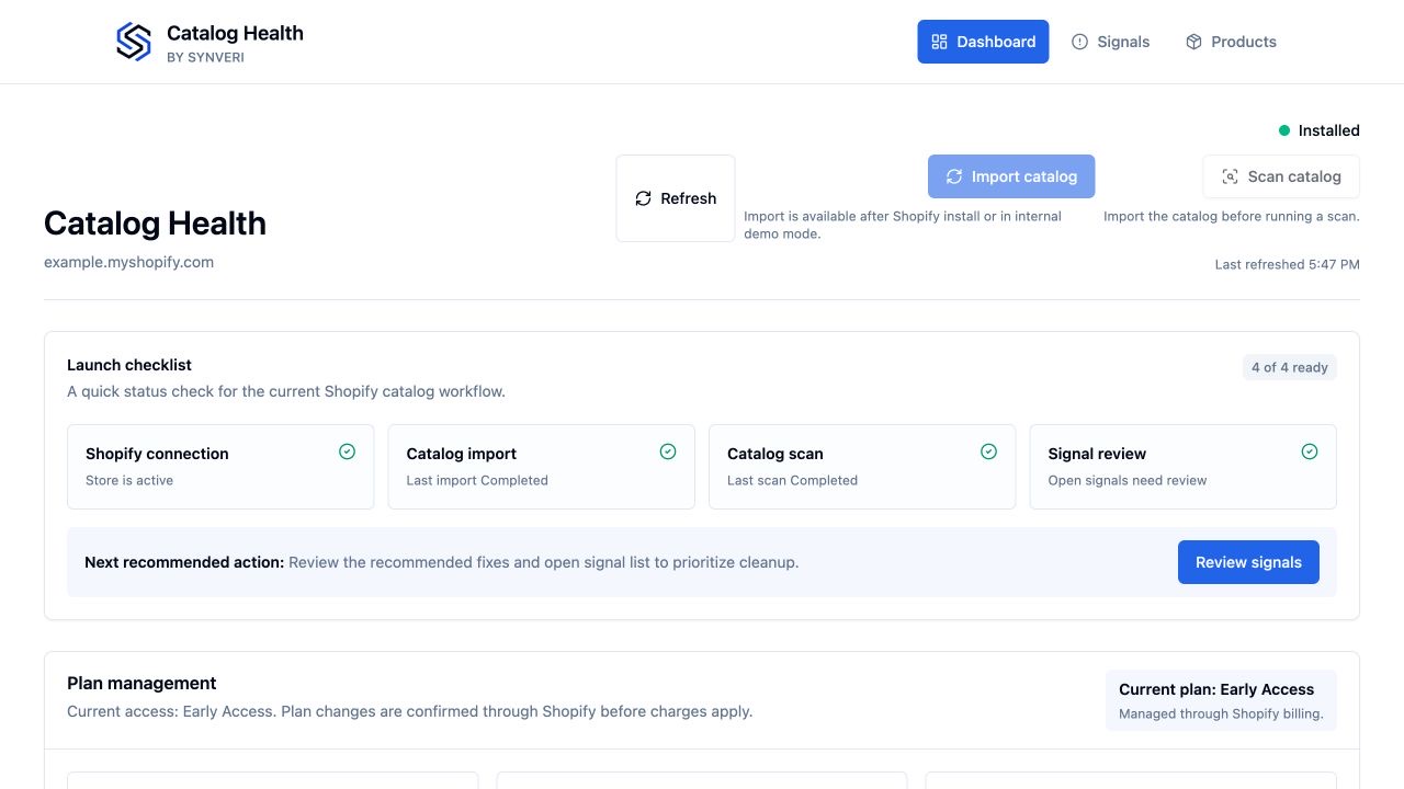 Catalog Health dashboard showing the Shopify connection, catalog import, catalog scan, and signal review launch checklist